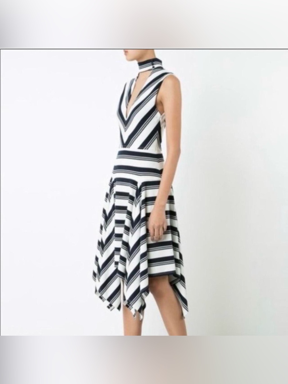 10 Crosby Derek Lam Navy & White Striped V-Neck Handkerchief Hem Dress
